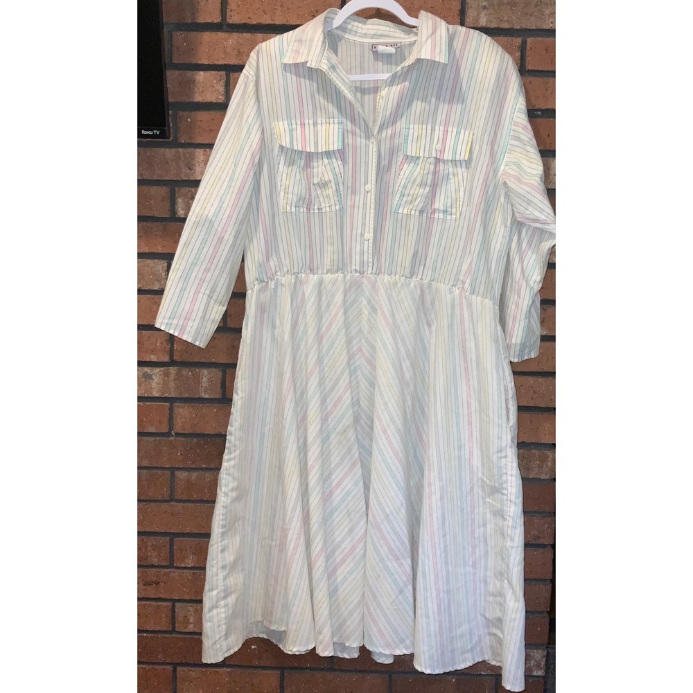 Vintage Cabrais Pastel Rainbow Stripe Midi Shirt Dress Collared Elastic Waist
